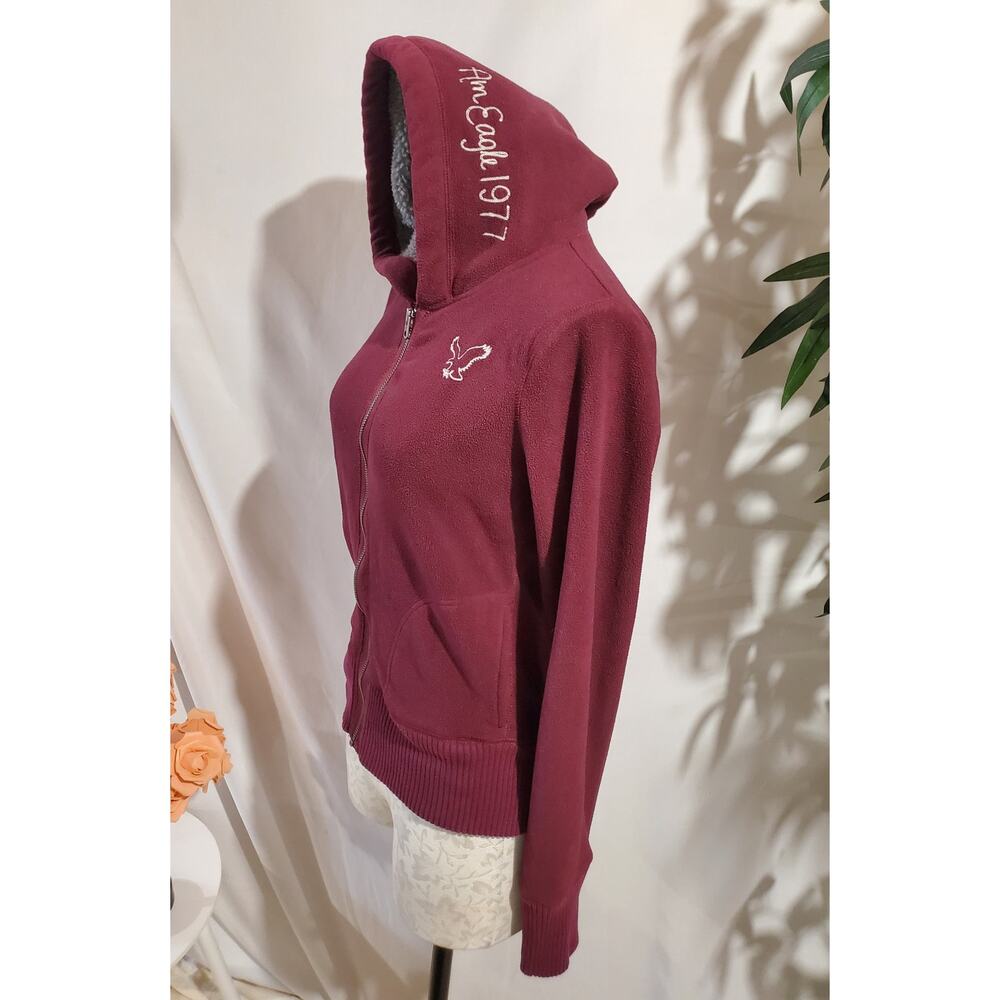 Vtg Y2K American Eagle Zip Fleece Hoodie Size M Maroon Red Preppy Cozy Pockets - Picture 2 of 12